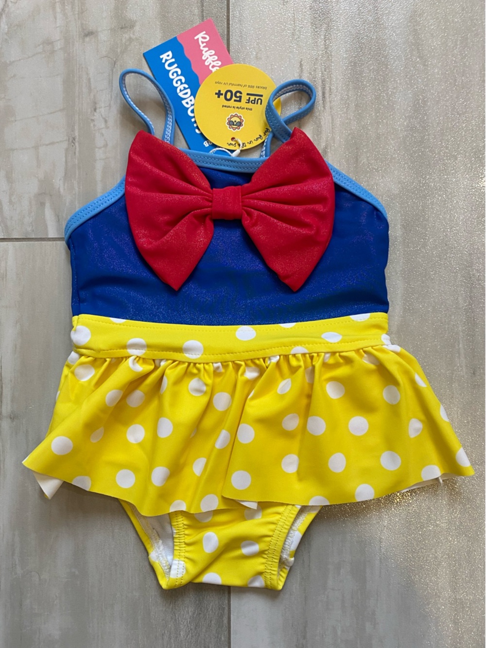 NWT RuffleButts Apple Princess Big Bow Yellow Polka Dot Skirted Swimsuit 3-6M